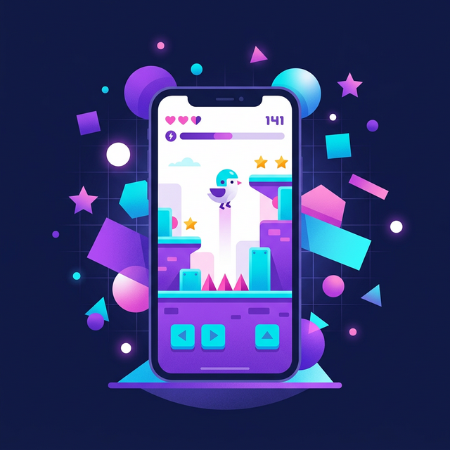 Smartphone displaying a colorful mobile game with floating geometric shapes